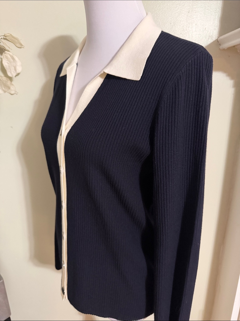 Talbots Navy Ribbed Button Cardigan Cream Trim - Picture 6 of 6